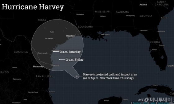 美 13년 내 최강 허리케인 하비, 텍사스 근접 