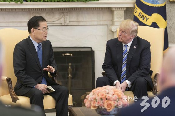 문재인 대통령의 대북 특별사절 대표단으로 방북했던 정의용 청와대 국가안보실장이 8일(현지시간) 미국 워싱턴 백악관에서 도널드 트럼프 미 대통령과 면담하고 있다. (청와대 제공) /사진=뉴스1