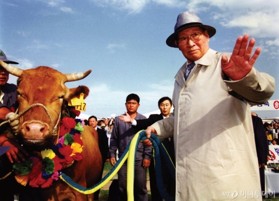 고(故) 정주영 현대그룹 명예회장이 1998년 소떼 500마리를 이끌고 판문점을 넘었다./사진제공=현대그룹