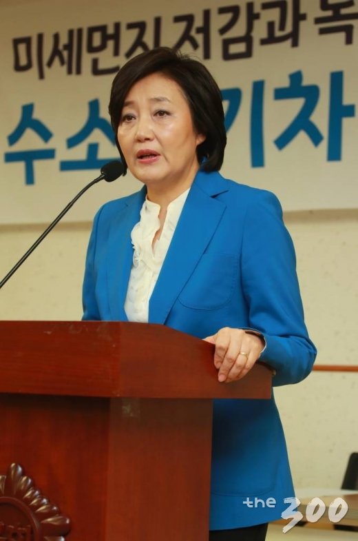 서울시장 예비후보인 박영선 더불어민주당 의원이 28일 오전 서울 여의도 국회 의원회관에서 열린 미세먼지 저감과 녹색교통 실현을 위한 수소전기차 정책토론회에서 인사말을 하고 있다. /사진=이동훈 기자