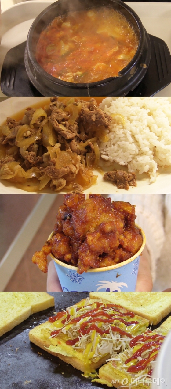 위쪽부터 차례대로 뚝배기순두부, 돈불고기덮밥, 닭강정, 치즈토스트. /사진=이상봉 기자