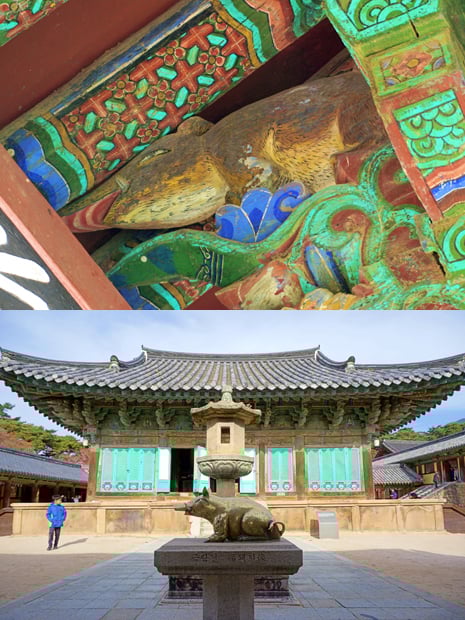 (위부터)2007년에 우연히 발견된 불국사 극락전 돼지 조각. 불국사 극락전 앞에 있는 복돼지상./사진제공=한국관광공사