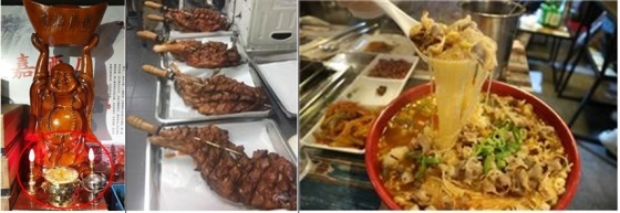 경희대 정문 최고 번화가인 삼거리에 위치한 중국 현지풍 식당. 가게 문 앞에는 중국 현지식으로 '향'을 피워뒀다.(왼쪽) 식당에서 판매 중인 음식들. /사진=권용일 기자