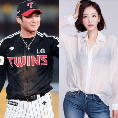 LG 트윈스의 내야수 오지환(왼쪽)과 쇼호스트 김영은.