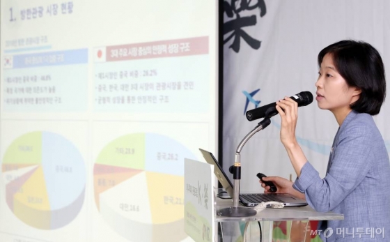 김현주 문화관광연구원 관광정책연구실장이 5일 중구 한국관광공사 서울센터에서 열린 '제5회 머니투데이 관광포럼'에서 주제발표를 하고 있다. / 사진=이기범 기자 leekb@