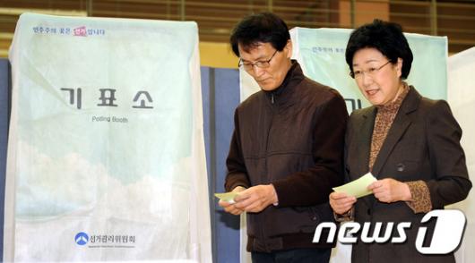 [사진]투표소 찾은 한명숙 대표 내외