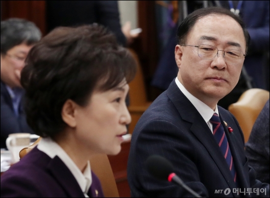 [사진]김현미 장관 바라보는 홍남기 경제부총리