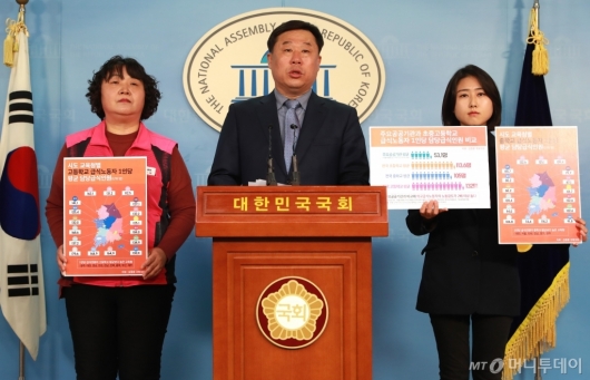 [사진]학교급식실 노동환경 실태조사 발표하는 김종훈 민중당 의원