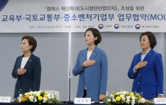 [사진]국민의례하는 유은혜-김현미-박영선 장관