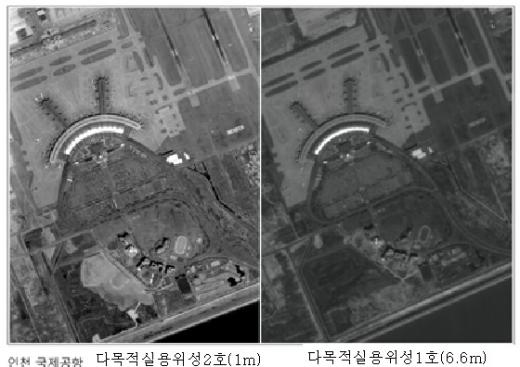 ▲다목적실용위성 1, 2호가 촬영한 인천국제공항<br>
다목적실용위성 2호가 촬영한 인천국제공항(좌, 1m흑백), 다목적실용위성 2호가 촬영한 인천국제공항(우, 6.6m흑백)<br>
죄측 사진에 활주로에 새겨진 “INCHEON” 글씨와 계류 중인 비행기, 주차장의 차량 등을 확인할 수 있다.<br>
