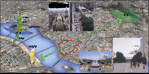 ↑ 남산~용산국제업무지구~63빌딩을 잇는 조망축<br>
