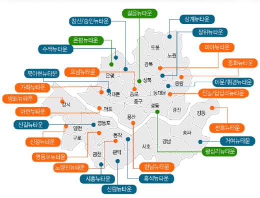 ↑ 서울의 뉴타운 지정 현황도(녹색: 시범뉴타운, 주황색: 2차뉴타운, 파랑색: 3차뉴타운)