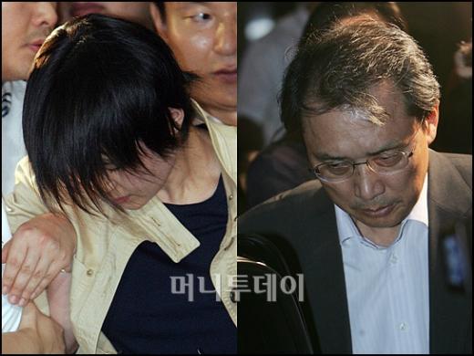 ↑인천공항에 도착하자 마자 검찰수사관에 연행되는 신정아(좌측) 11시간 검찰조사를 마치고 귀가하는 변양균 전 청와대 정책실장 ⓒ