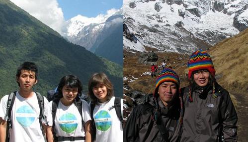 ↑안나푸르나 베이스 캠프로 가는 길에 선 주세운,윤여정, 김이경(왼쪽 사진의 맨왼쪽부터) 등 희망대장정팀. 산 아래는 여름, 산 정상은 겨울. 안나푸르나엔 4계절이 공존하고 있었다.