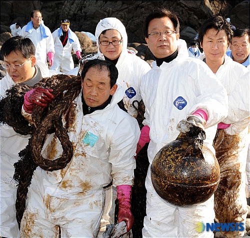 [사진]태안 기름제거 작업하는 강재섭 대표