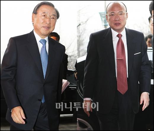 ↑기업인 간담회 찾은 효성그룹 조석래 회장(왼쪽)과 한화그룹 김승연 회장