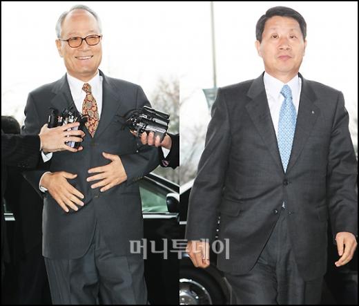 ↑기업인 간담회 찾은 이준용 대림산업 회장(왼쪽)과 신세계 구학서 부회장