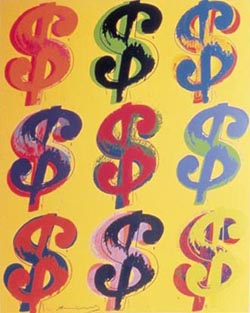 ↑ 앤디워홀의 '달러표시', 돈은 미술속에 미술은<br>
돈속에 있다는 사실을 솔직하게 표현했다.