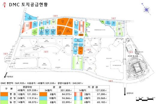 ↑DMC토지공급현황도. 서울신문.머니투데이컨소시엄은 초고층 랜드마크빌딩(F블록) 옆에 위치한 2923㎡ 부지(E2-2블록)에 지하 5층 지상 20층 규모의 친환경 첨단하이테크 빌딩을 건립할 계획이다. 