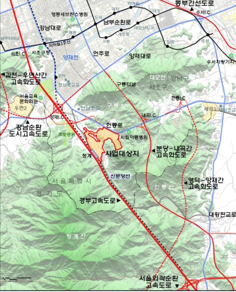 ↑서울 내곡지구 국민임대주택단지예정지구. 환경부는 이 면적을 60% 가량 줄여 헌릉로쪽 부지만 개발하는 내용으로 지구지정안에 대한 사전환경성 검토 협의를 마쳤다.