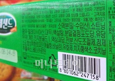 ↑한 제과업체의 원재료 표시 예. 팜유가 말레이시아산으로 표기된 것과 달리 밀은 '수입산'으로 표시돼있다. 현재 식음료 원재료표기법에 따르면 1년에 3번 이상 수입국이 바뀌는 재료에 대해서는 국가를 표기하지 않고 '수입산'으로만 표시할 수 있게 돼있다(위 사진은 멜라민 검출 여부와는 무관합니다). 