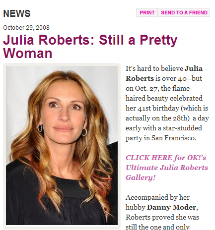 ↑줄리아 로버츠의 41번째 생일을 보도한 영국 연예주간지 'OK! '