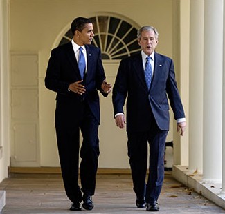 ↑ 백악관에서 만난 오바마와 부시 ⓒ NYT