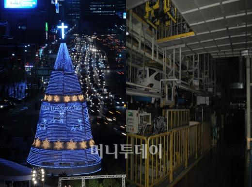 ↑ '불 밝힌' 크리스마스 트리와 '불 꺼진' 자동차 공장. 서울시청 앞 대형 트리의 불빛과 가동을 멈춘 쌍용차 평택공장의 어두움이 대비를 이룬다. ⓒ임성균 기자, 박종진 기자