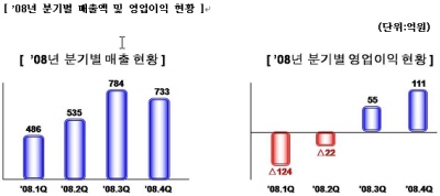 ↑2008년 분기별 매출액 및 영업이익