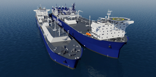 ↑삼성중공업이 수주한 320m, 폭 60m 크기의 LNG-FPSO 조감도.