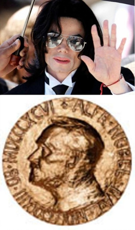 ↑ 사진은 마이클 잭슨 생전의 모습이다. 아래는 팬들이 잭슨의 수상을 기원하며 후보로 추천하고자 하는 노벨평화상의 메달이다. 