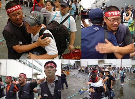 ↑지난 6일 한상균 쌍용차 지부장이 도장공장에서 나오는 노조원들과 일일이 인사하고 있는 모습(출처:쌍용차노조)