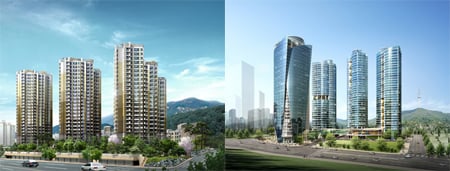 ↑ 광진구에 들어서는 현대건설 '광장 힐스테이트'(왼쪽)와 용산구에 지어지는 동부건설의 '센트레빌 아스테리움 서울' 