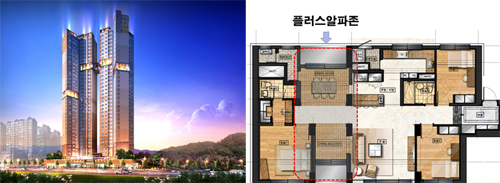 ↑ 대우건설이 스카이워크와 브릿지 설계 등 랜드마크로 짓는 수원 인계동 주상복합(왼쪽)과 SK건설이 제공하는 플러스알파존