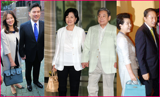 왼쪽부터 배우 심은하와 정치인 지상욱 부부, 이건희 삼성 회장과 부인 홍라희 여사, 영부인 김윤옥 여사와 이명박 대통령 부부. ⓒ머니투데이, 뉴시스<br />
