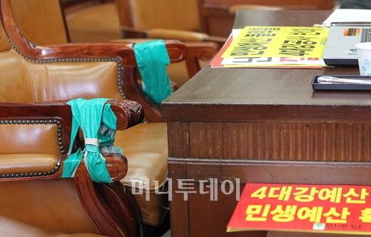 [사진]'친수법 막는 계책?' 청테이프로 묶여있는 의장석