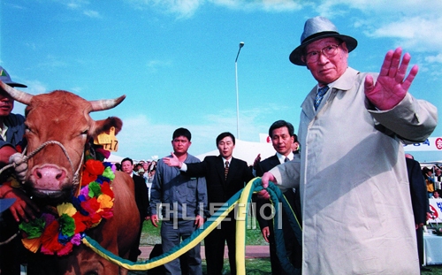 1998년 6월 소떼 500마리와 함께 판문점을 넘어서고 있는 고 정주영 명예회장. 