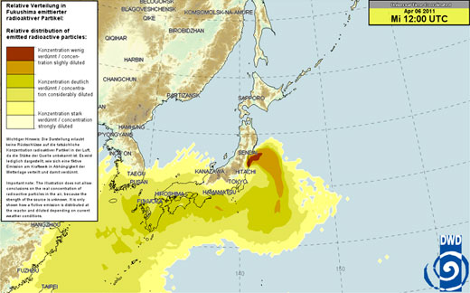 ↑독일기상청이 공개한 6일 '후쿠시마 방사능 확산 예상도' ⓒ독일기상청