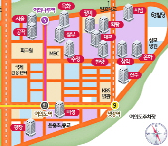 ↑동여의도 아파트 단지들. 서울,공작, 수정, 진주아파트등 4개 단지는 상업용지고 나머지 11개 단지는 전략정비구역이다. 