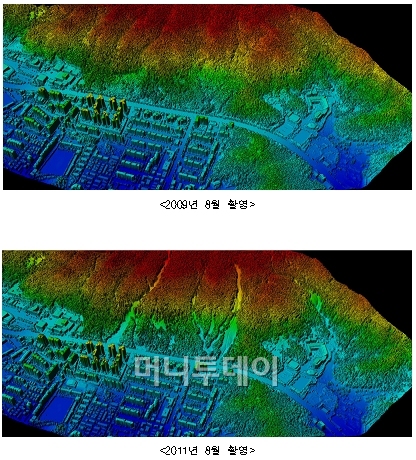 ↑우면산, 항공레이저 측량자료<br>
