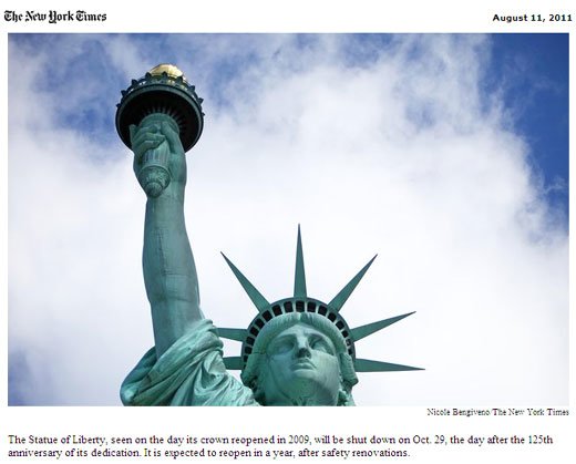 미국 일간지 '뉴스타임스'가 "자유의 여신상이 보수공사로 오는 10월 29일부터 약 1년 간 내부가 폐쇄된다"고 11일(현지시간) 보도했다. (사진=뉴욕타임스 보도화면)