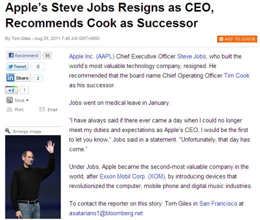 스티븐 잡스가 24일(현지시간) 애플 최고경영자(CEO) 직 사임의사를 밝혔다고 미 경제 주간지 블룸버그 통신이 보도했다. (사진=블룸버그 통신 보도 캡처)
