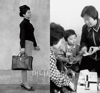 ↑1960~1970년대 태평양 방문판매 직원 이미지(사진 왼쪽), 당시 고객의 집을 찾아가 제품에 대해 설명하는 방문판매 직원의 모습(사진 오른쪽)ⓒ아모레퍼시픽