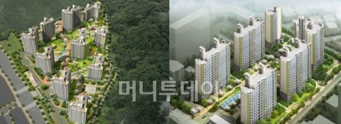 ↑원주 무실2지구(왼쪽)과 청주 금천동(오른쪽) 우미린 조감도 