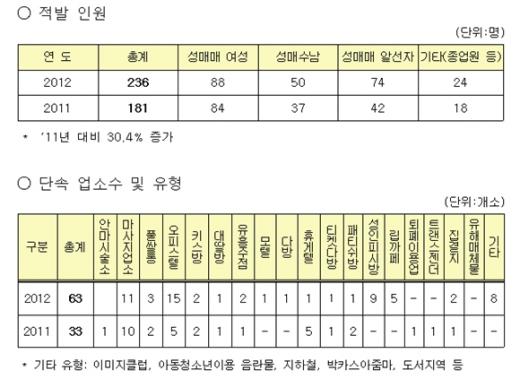 ▲ 신·변종 성매매업소 합동단속 실적 (자료=여성가족부 제공)