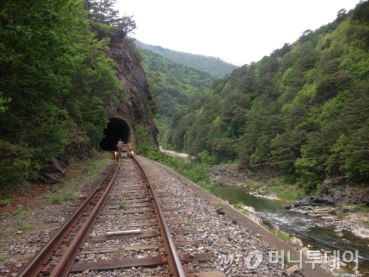 왼쪽에는 산, 오른쪽에는 계곡이 철길을 따라 흐르는 가운데 터널이 보인다. /사진=정도원 기자