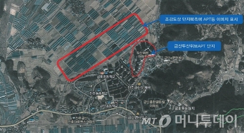 위성사진을 보면 카탈로그 상 아파트단지 지역이 농업지역(위쪽 빨간 선)임을 확인할 수 있다./자료=공정위