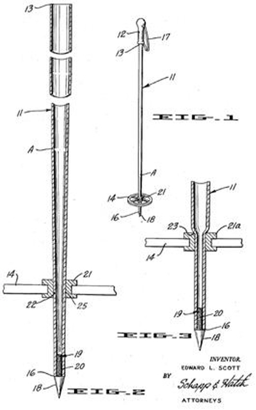 최초의 현대식 스키 폴대 특허도면(1958)<br>
알루미늄이라는 소재의 선택은 특허의 대상이 아니다. 또한 손잡이(12), 끈(17), 기둥(11), 바스켓(14) 등 폴대의 기본 구성품은 본 발명이 있기 훨씬 이전에 결정되었다. 다만 발명자는 자신의 아이디어를 재료역학 지식을 이용하여 "폴대 위쪽은 경량화하되 굽힘(bend)에도 강할 필요가 있으므로 두께를 줄이면서 지름은 키우고, 아래쪽은 스키나 외부 장애물과의 충돌에 의한 변형(dent) 가능성이 있으니 표면의 강도를 높이기 위해 두께를 증가시키고 대신 지름은 줄인다"라고 설명했다. 등산 스틱의 기본 구조도 이와 동일하다. / Ed Scott, US3076663, 'Ski Pole Construction'.