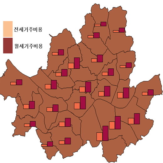 서울 자치구별 전월세 거주비용 그래프./자료제공=부동산114