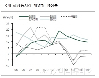 국내 화장품시장 채널별 성장률/출처=현대증권